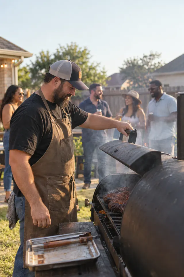 A man lifting the lid of a backyard smoker
