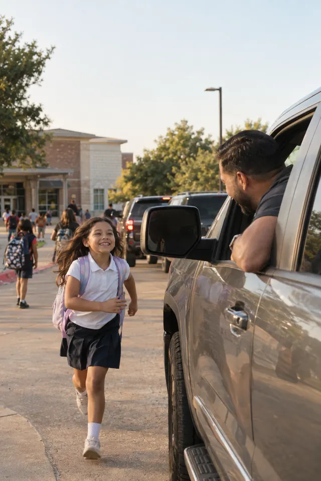 A kid running to a pickup truck in the school pickup line
